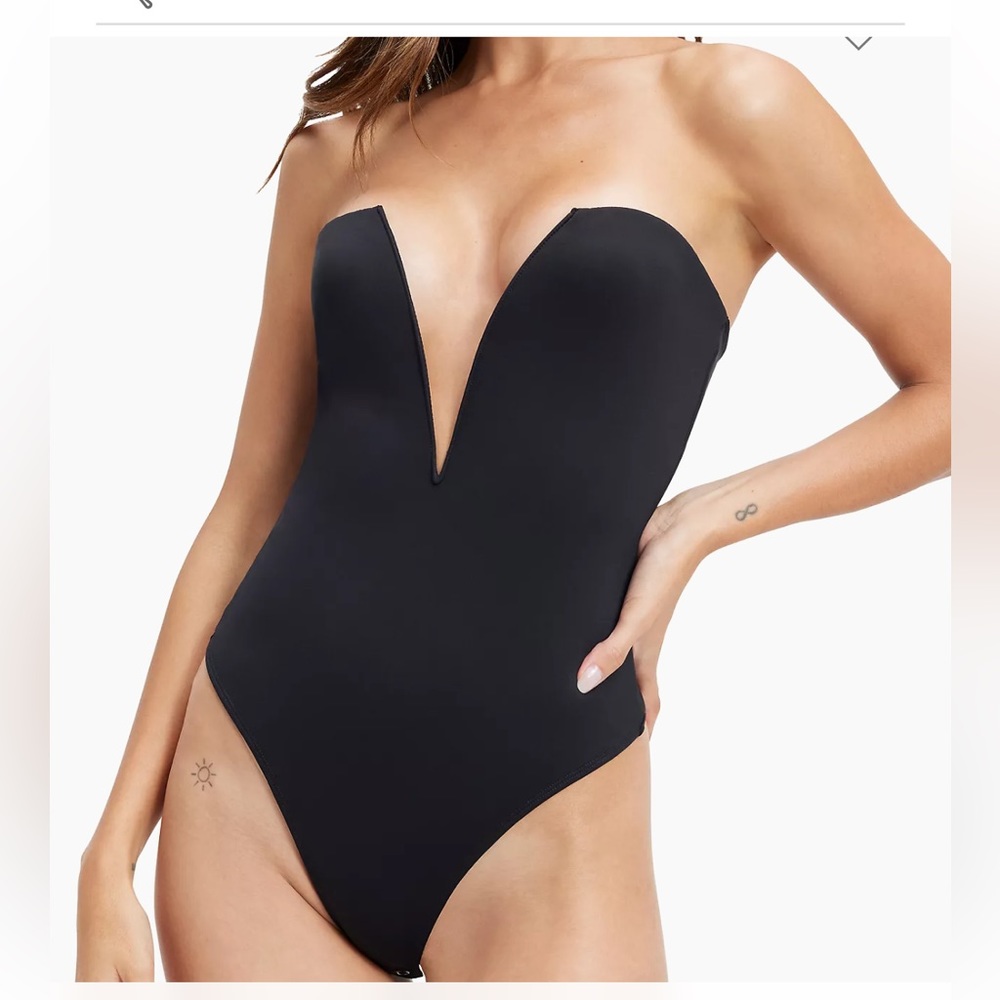 GOOD AMERICAN's bodysuit, scuba-knit strapless, plunging silhouette. Black, 2